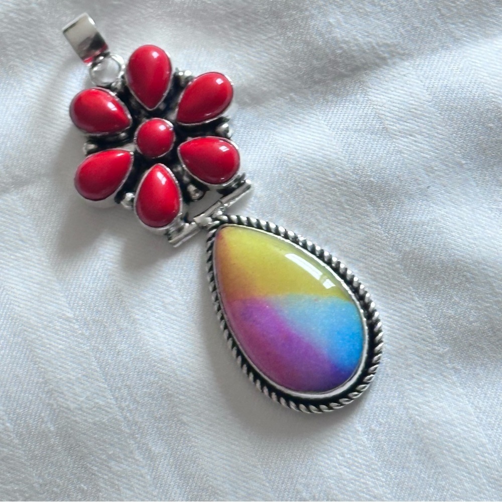 Artisan Jewelry Red Coral Floral Pendant with Multicolor Teardrop Handcrafted - Picture 10 of 15